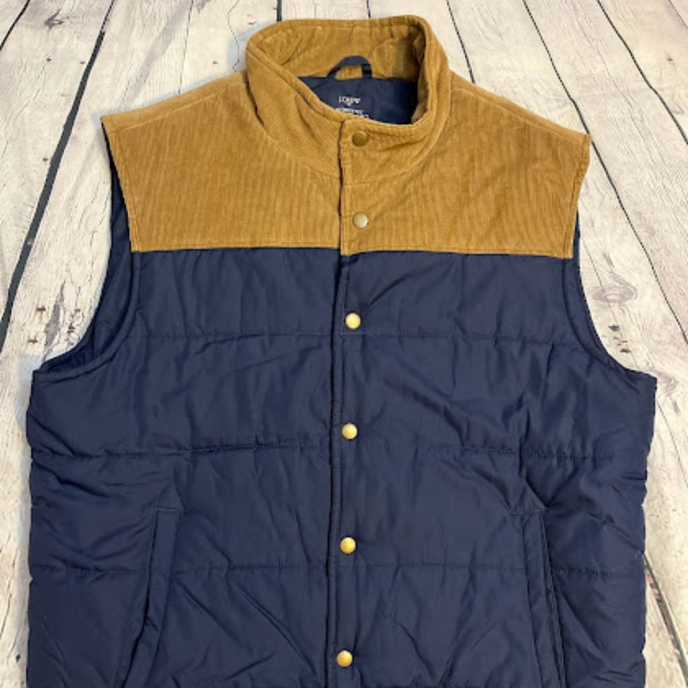 J Crew Authentic Outerwear Men's Puffer Vest Size Large Navy Blue w Tan Corduroy